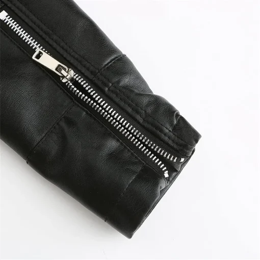 womens-stand-collar-black-faux-leather-short-jacket