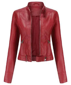 womens-stand-collar-red-faux-leather-short-jacket