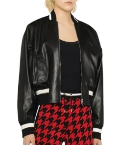 womens-stripe-trim-black-faux-leather-bomber-jacket