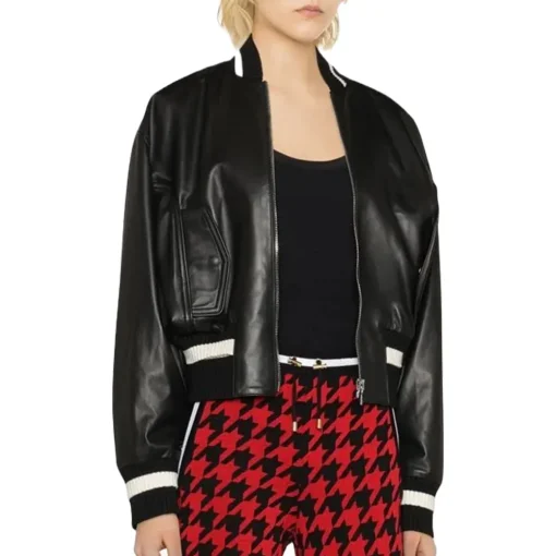 womens-stripe-trim-black-faux-leather-bomber-jacket
