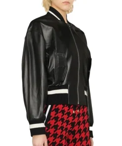 womens-stripe-trim-black-faux-leather-bomber-jacket
