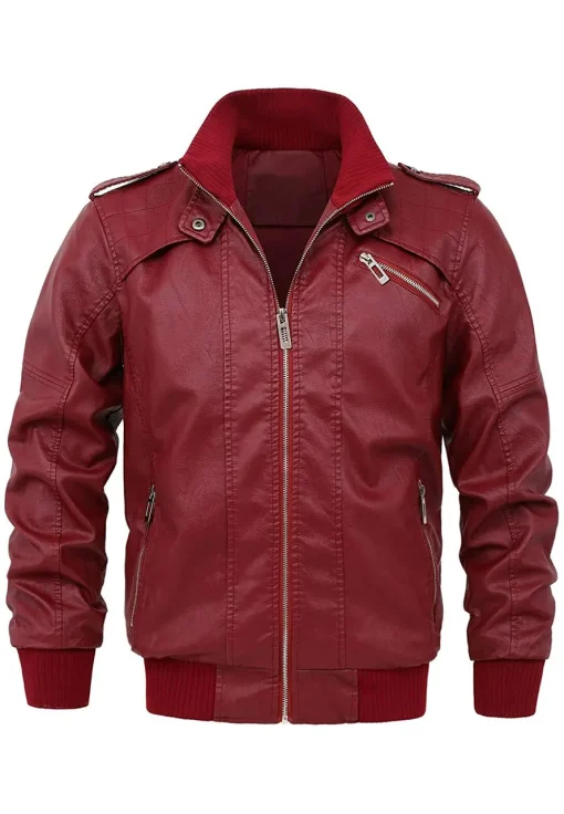 mens-casual-full-zip-maroon-faux-leather-bomber-jacket
