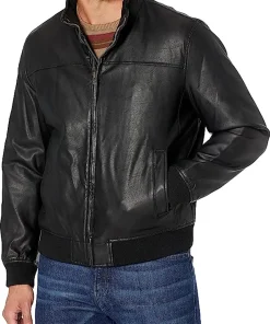 mens-classic-stand-collar-black-faux-leather-bomber-jacket