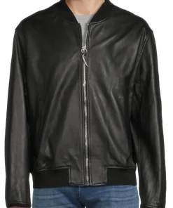 mens-ribbed-neck-black-faux-leather-bomber-jacket