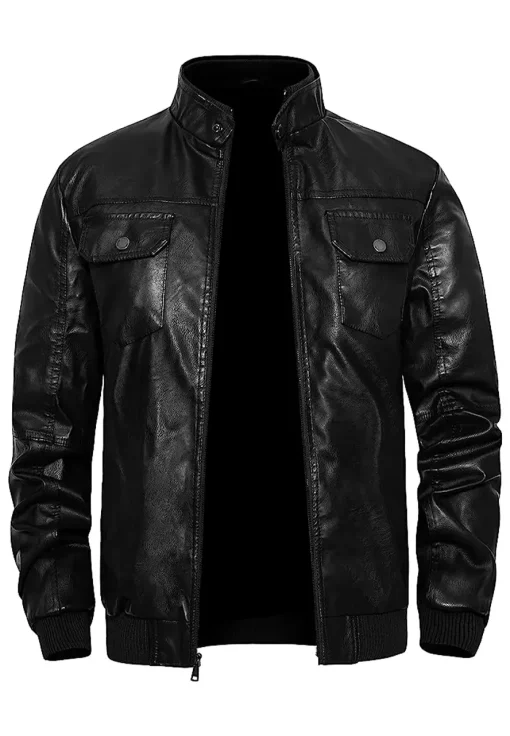 mens-stand-collar-black-faux-leather-slim-fit-bomber-jacket