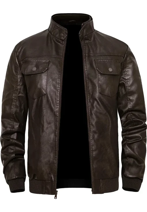 mens-stand-collar-brown-faux-leather-slim-fit-bomber-jacket