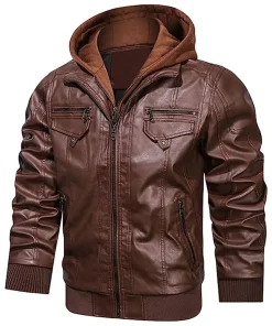 mens-vintage-brown-faux-leather-bomber-jacket-with-removable-hood