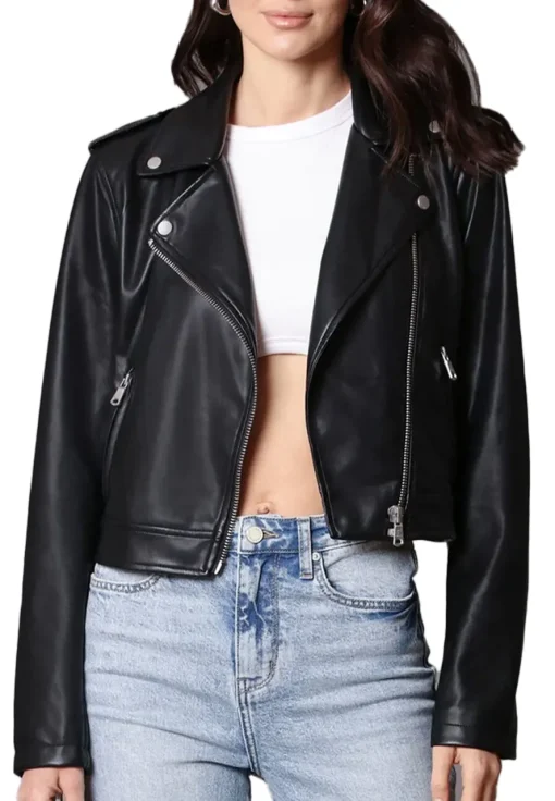 womens-branded-black-faux-leather-biker-jacket