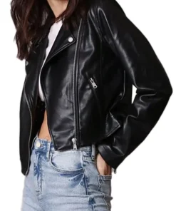 womens-branded-black-faux-leather-biker-jacket