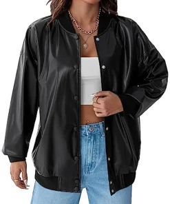 womens-button-front-black-faux-leather-bomber-jacket