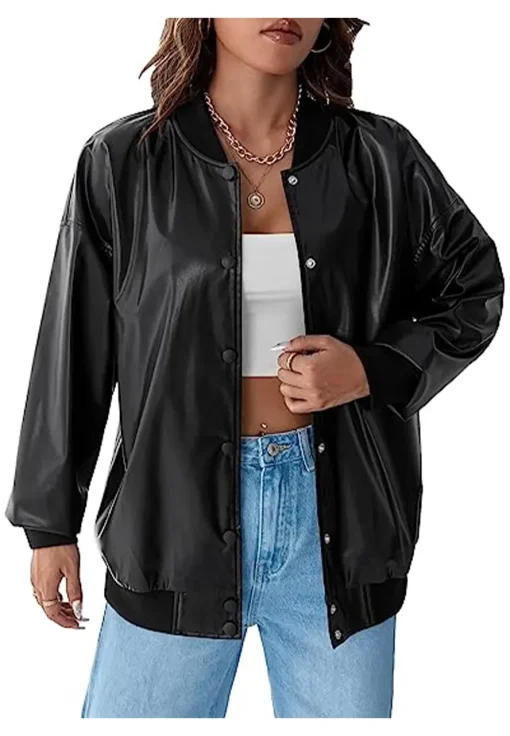 womens-button-front-black-faux-leather-bomber-jacket
