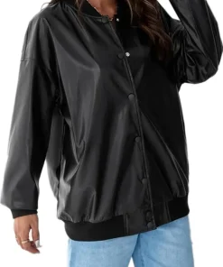womens-button-front-black-faux-leather-bomber-jacket