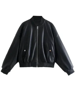 womens-solid-black-faux-leather-bomber-jacket