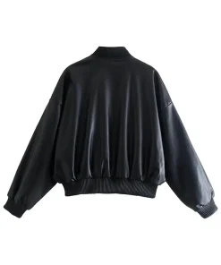 womens-solid-black-faux-leather-bomber-jacket