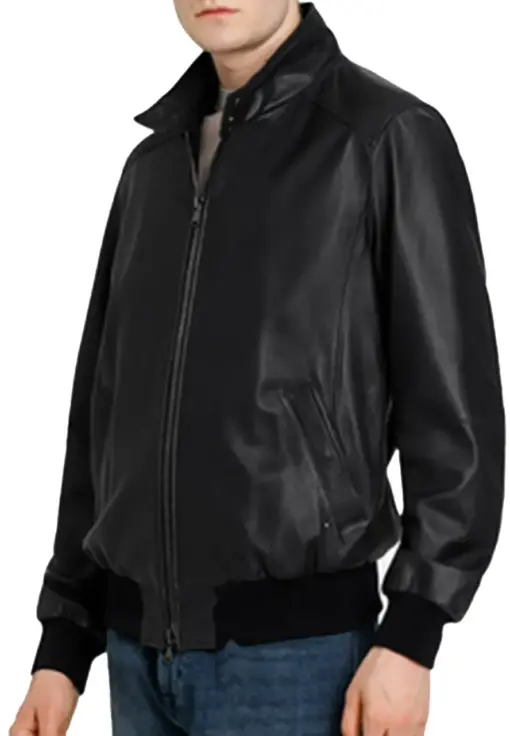 mens-buttoned-collar-black-faux-leather-bomber-jacket
