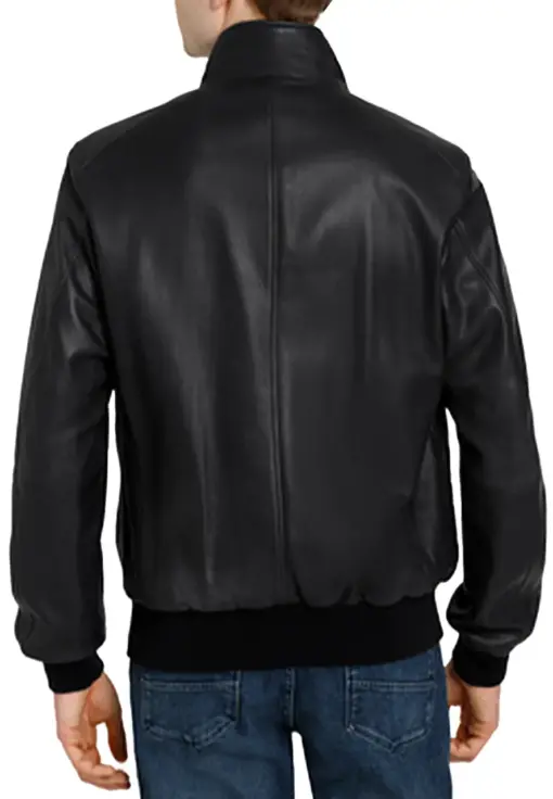mens-buttoned-collar-black-faux-leather-bomber-jacket