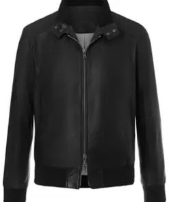 mens-buttoned-collar-black-faux-leather-bomber-jacket