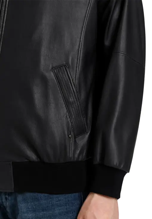 mens-buttoned-collar-black-faux-leather-bomber-jacket