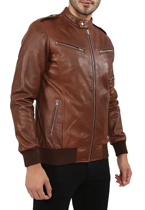 mens-band-collar-brown-bomber-faux-leather-jacket