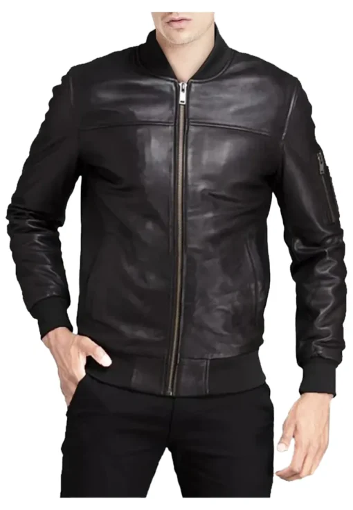 mens-biker-black-faux-leather-bomber-jacket