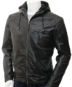 mens-black-faux-leather-biker-hooded-jacket