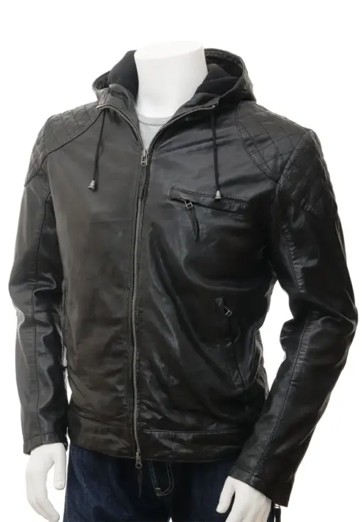 mens-black-faux-leather-biker-hooded-jacket