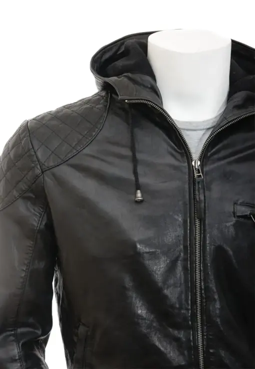 mens-black-faux-leather-biker-hooded-jacket
