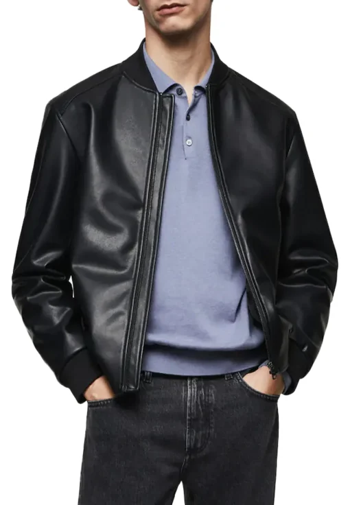 mens-black-faux-leather-classic-bomber-jacket