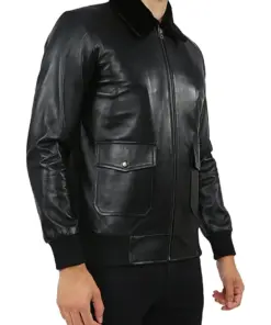 mens-black-faux-leather-fur-collar-bomber-jacket