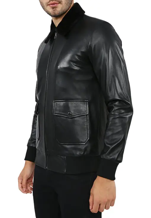 mens-black-faux-leather-fur-collar-bomber-jacket