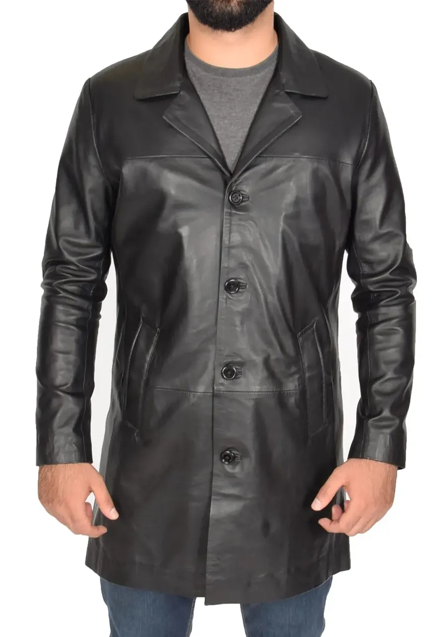 Men's Black Faux Leather Single Breasted Coat 1 mens-black-faux-leather-single-breasted-coat