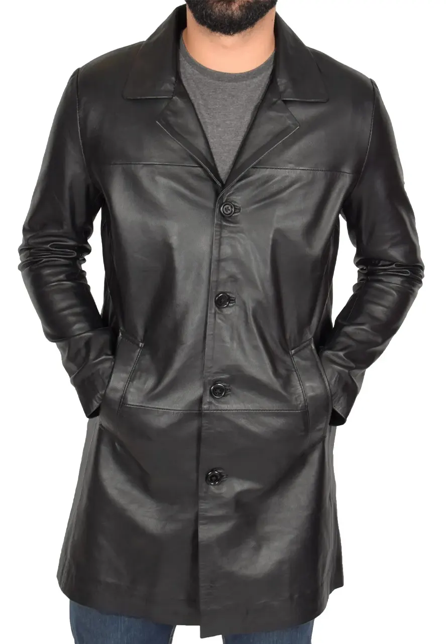 Men's Black Faux Leather Single Breasted Coat 3 mens-black-faux-leather-single-breasted-coat
