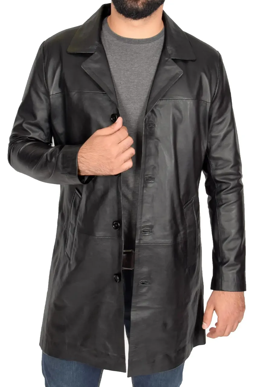 Men's Black Faux Leather Single Breasted Coat 4 mens-black-faux-leather-single-breasted-coat