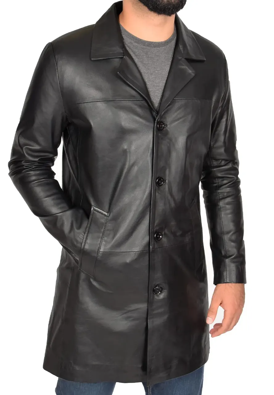Men's Black Faux Leather Single Breasted Coat 5 mens-black-faux-leather-single-breasted-coat