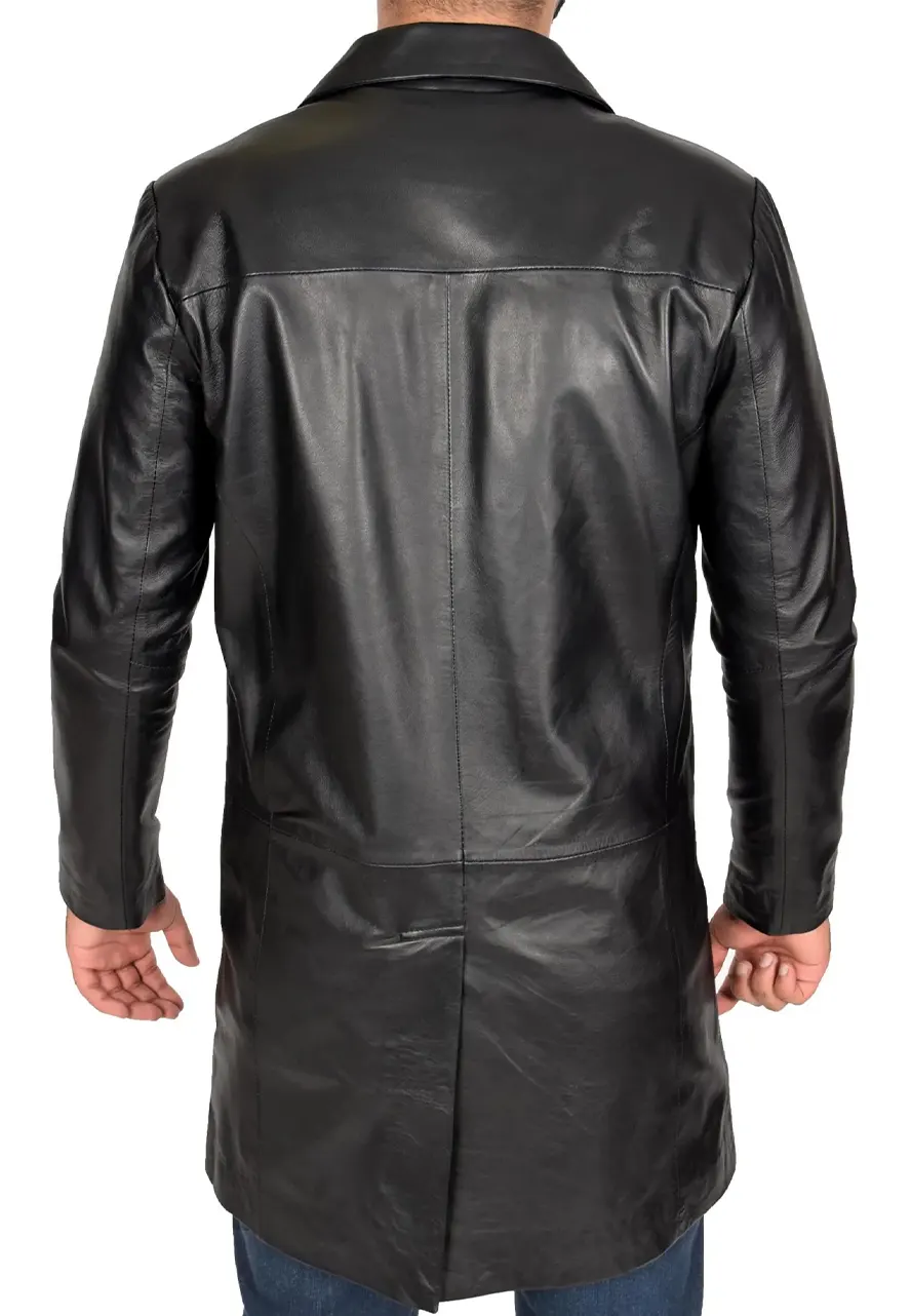 Men's Black Faux Leather Single Breasted Coat 2 mens-black-faux-leather-single-breasted-coat