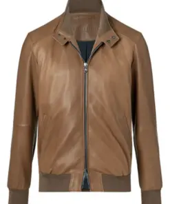 mens-buttoned-collar-brown-faux-leather-bomber-jacket