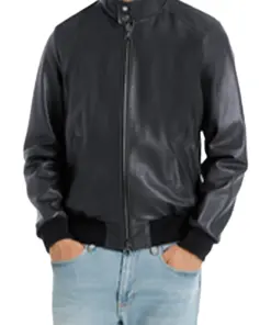 mens-buttoned-collar-navy-faux-leather-bomber-jacket