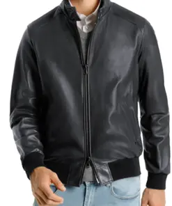 mens buttoned collar navy faux leather bomber jacket 3