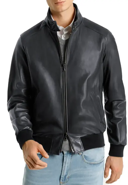 Men’s Buttoned Collar Navy Faux Leather Bomber Jacket - Image 5