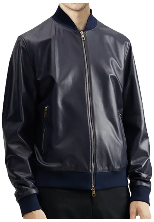 mens-elegant-blue-faux-leather-bomber-jacket