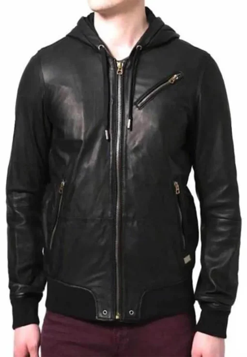 mens-hooded-black-faux-leather-bomber-jacket