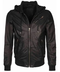 mens-hooded-black-faux-leather-bomber-jacket