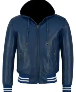 mens-hooded-blue-faux-leather-bomber-jacket