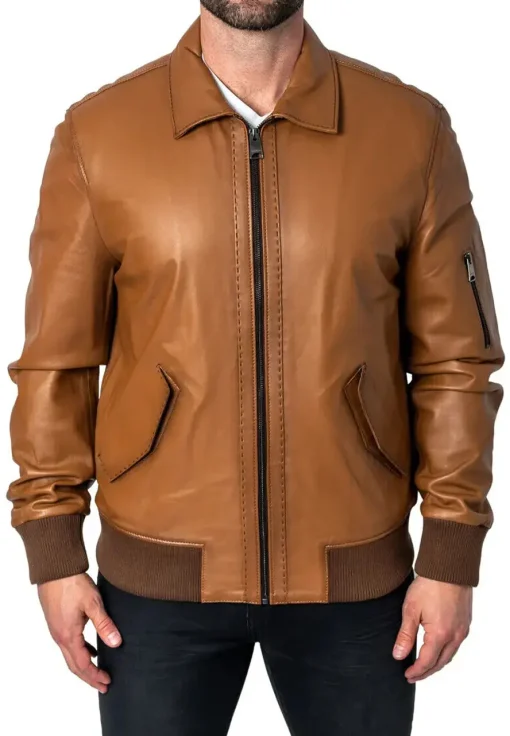 mens-long-sleeve-brown-faux-leather-bomber-jacket