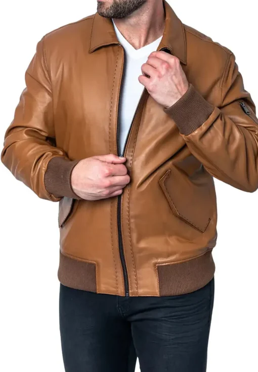 mens-long-sleeve-brown-faux-leather-bomber-jacket
