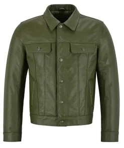 mens-olive-green-faux-leather-trucker-jacket