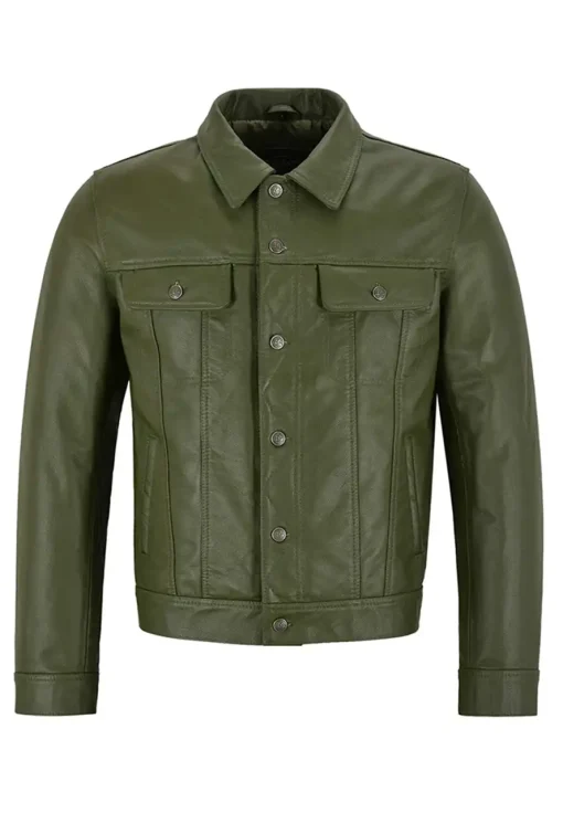mens-olive-green-faux-leather-trucker-jacket