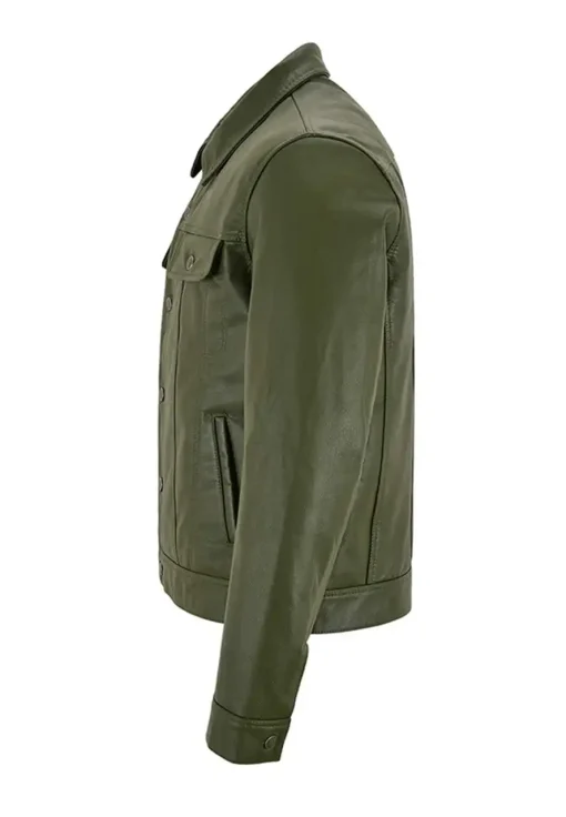 mens-olive-green-faux-leather-trucker-jacket