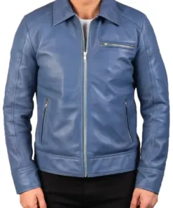 mens-shirt-collar-blue-faux-leather-jacket