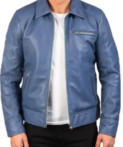 mens-shirt-collar-blue-faux-leather-jacket